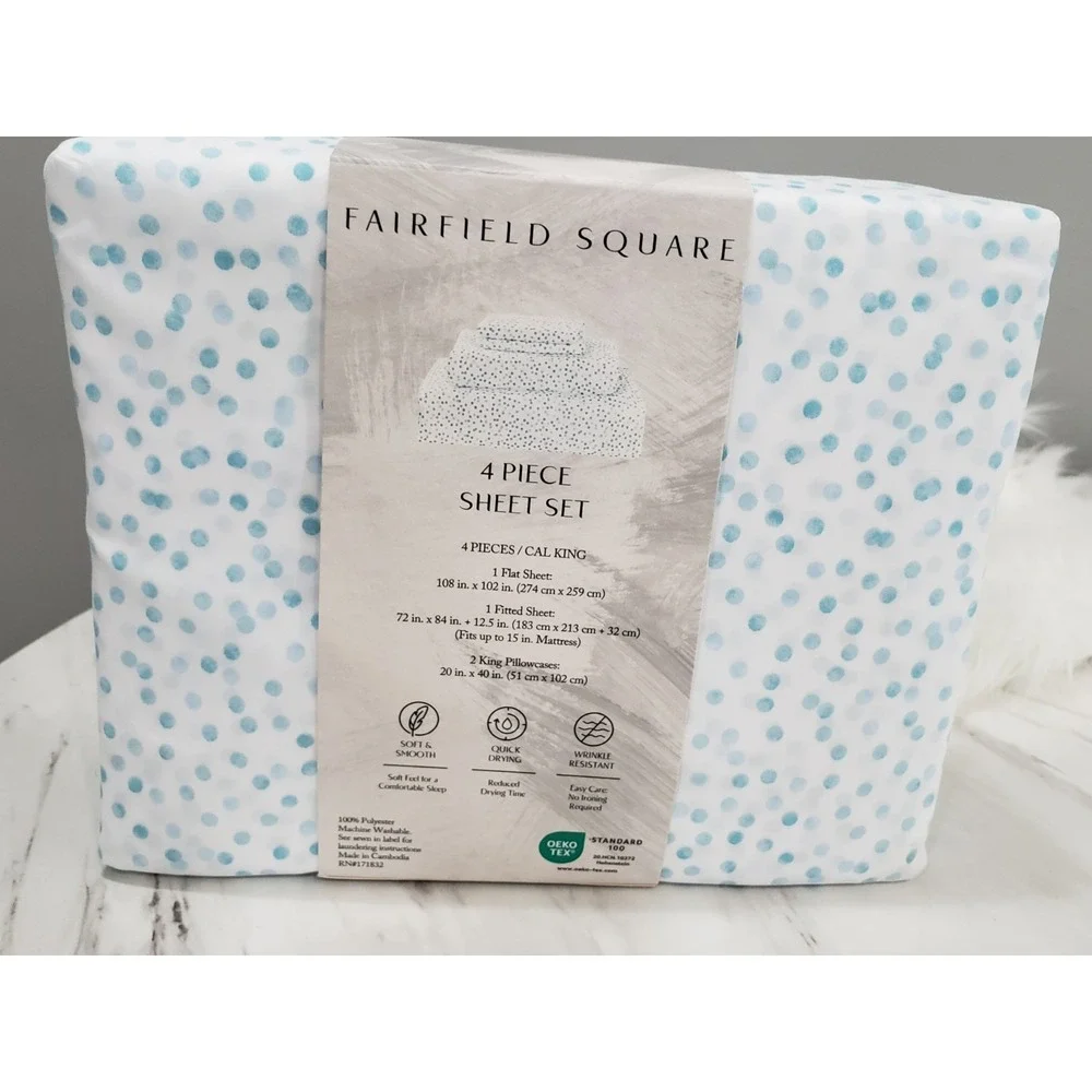 NEW CALIFORNIA CALI KING SHEET SET BLUE POLKA DOT CONFEETI FAIRFIELD SQUARE